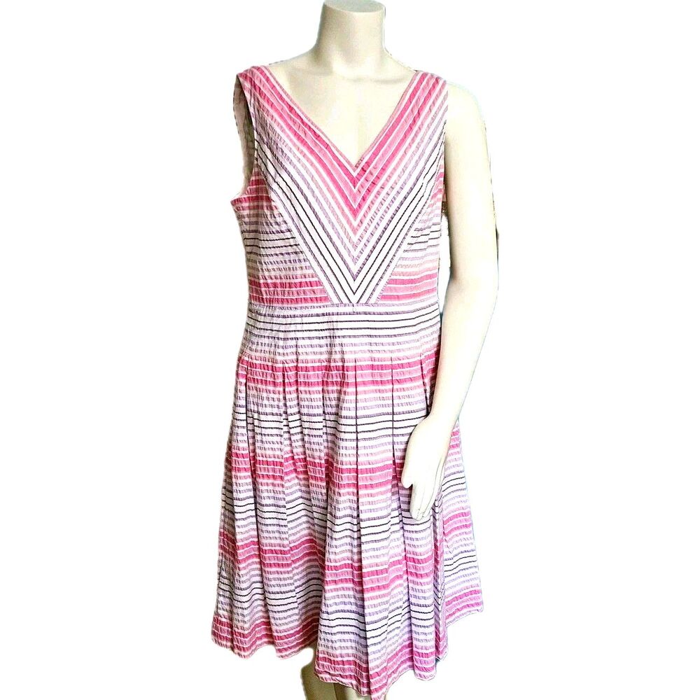 Ann Klein 12 Reto White Pink Stiped Dress Pinup 50s/60s Style Crinkle Sleeveless